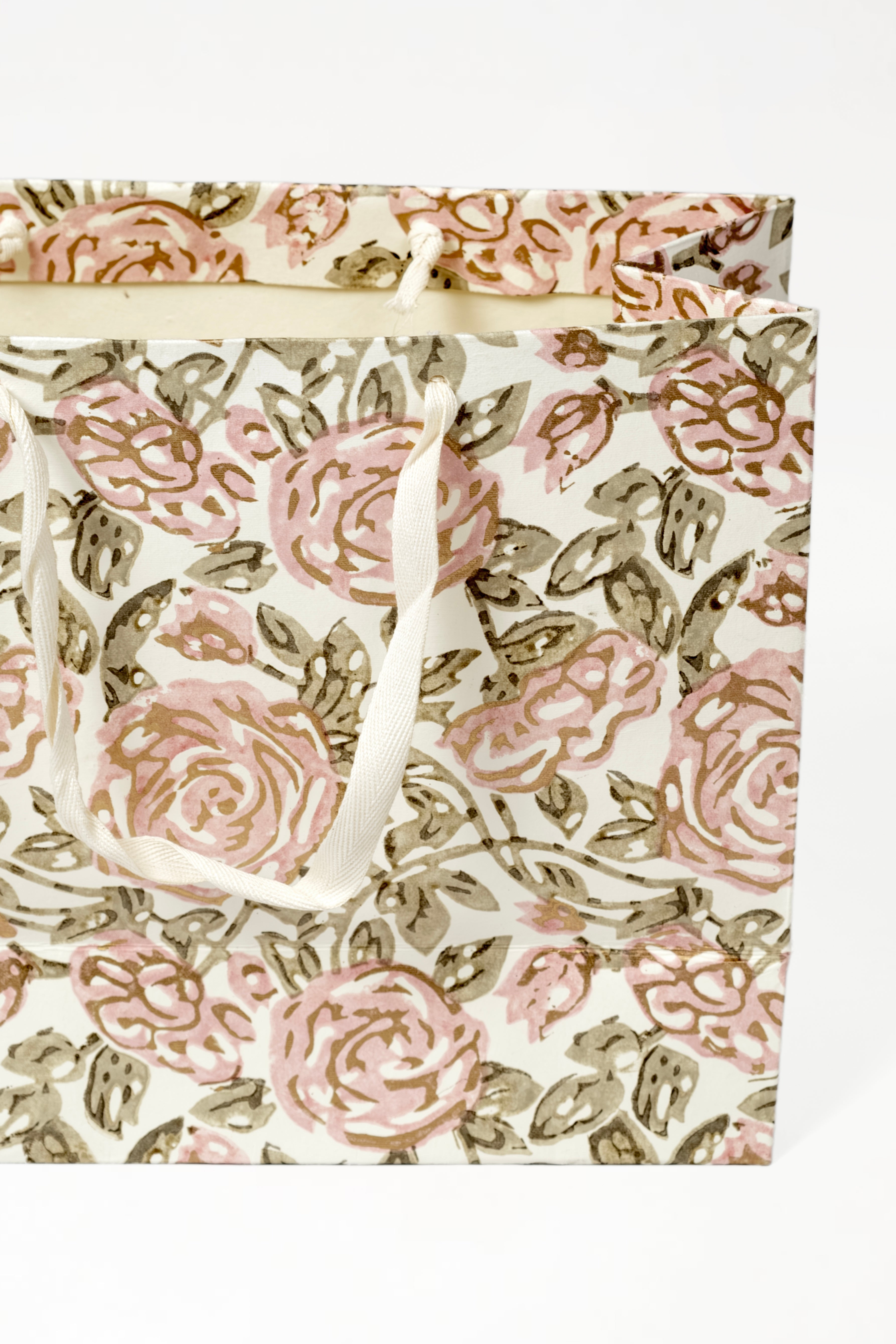 Cream blockprint gift bag with pink roses and brown leaves
