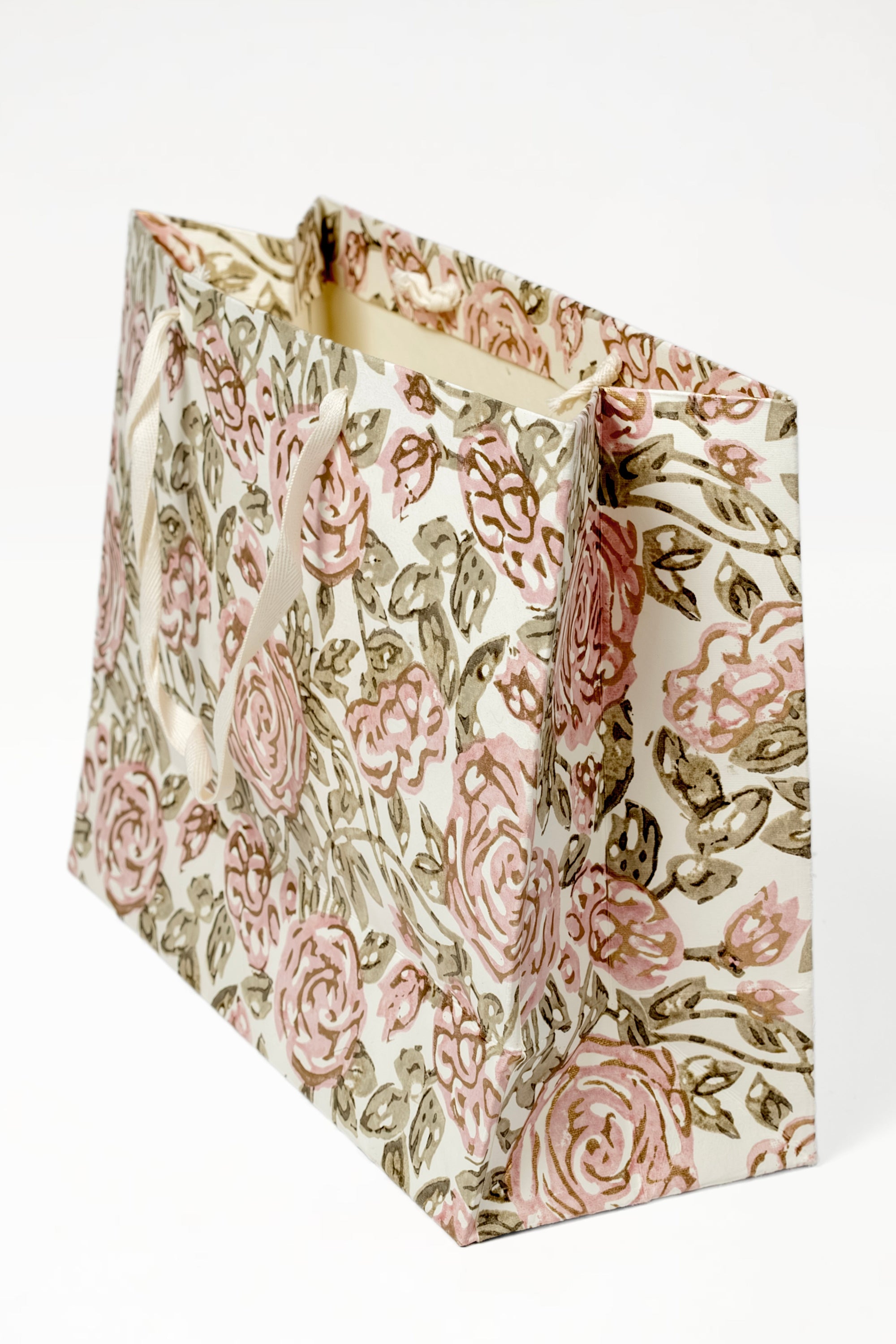 Cream blockprint gift bag with pink roses and brown leaves