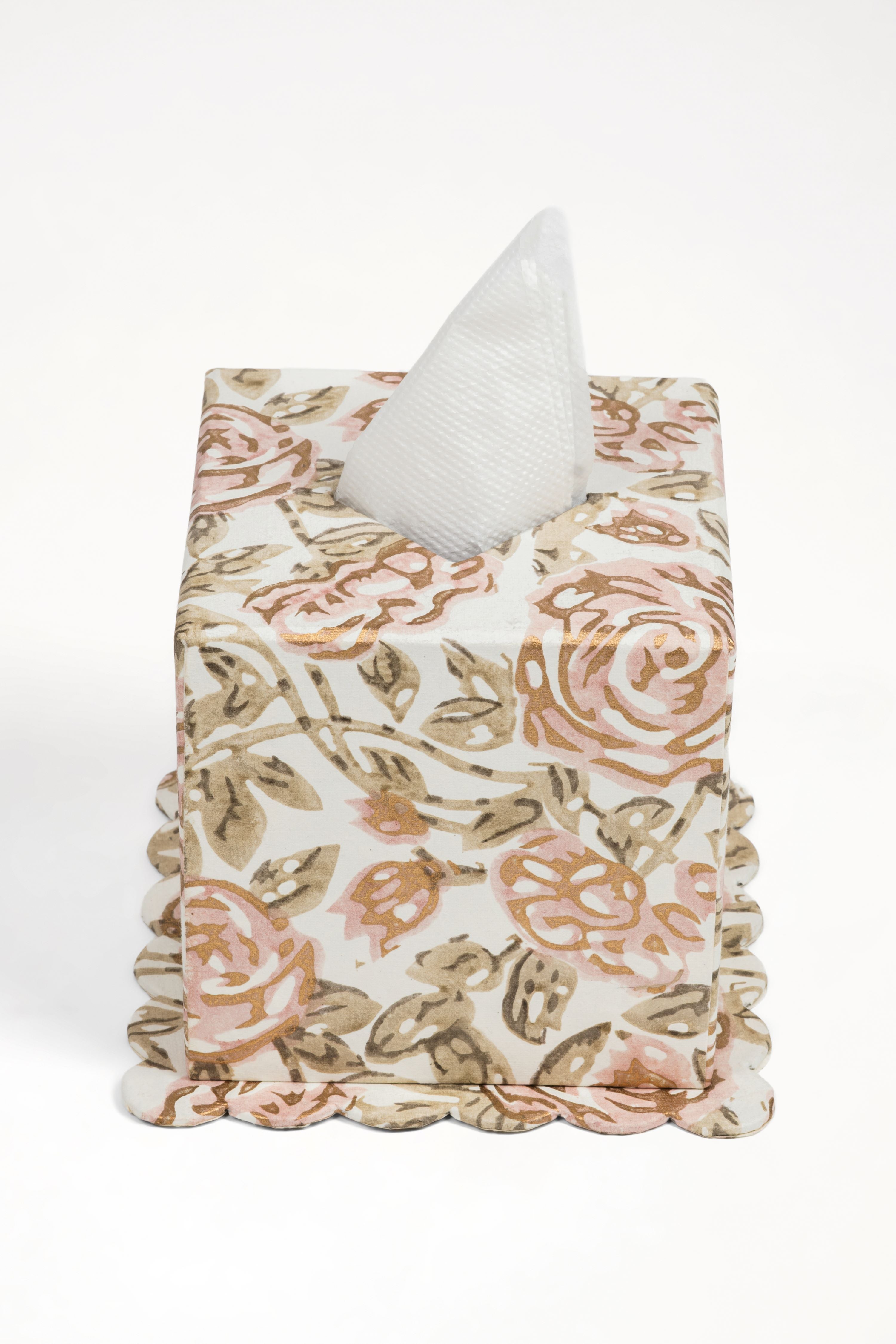 Inner Child rose garden blockprint scallop-edged tissue box cover with pink roses