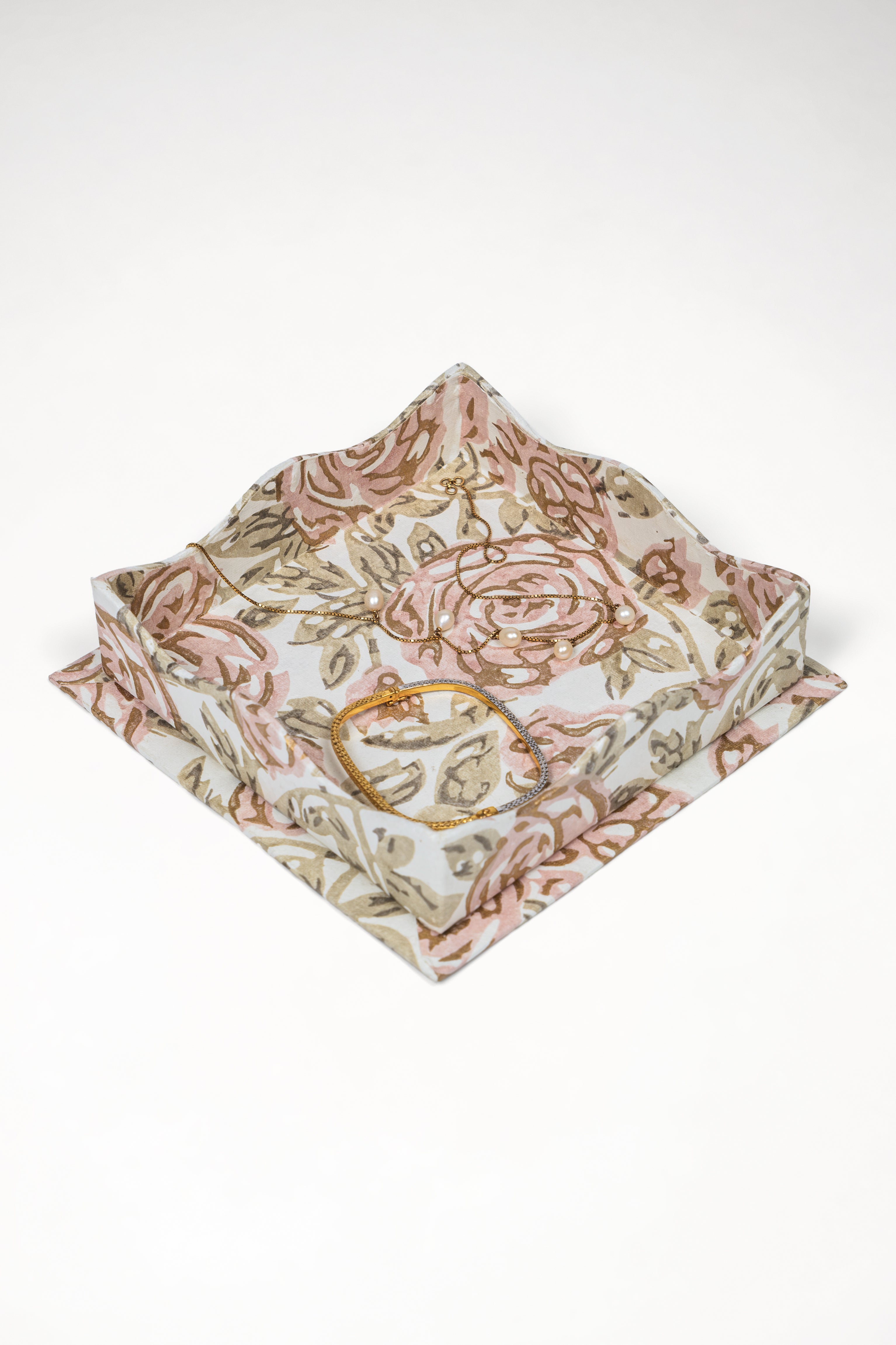 Inner Child nesting scalloped blockprint rose garden fabric trays with jewelry