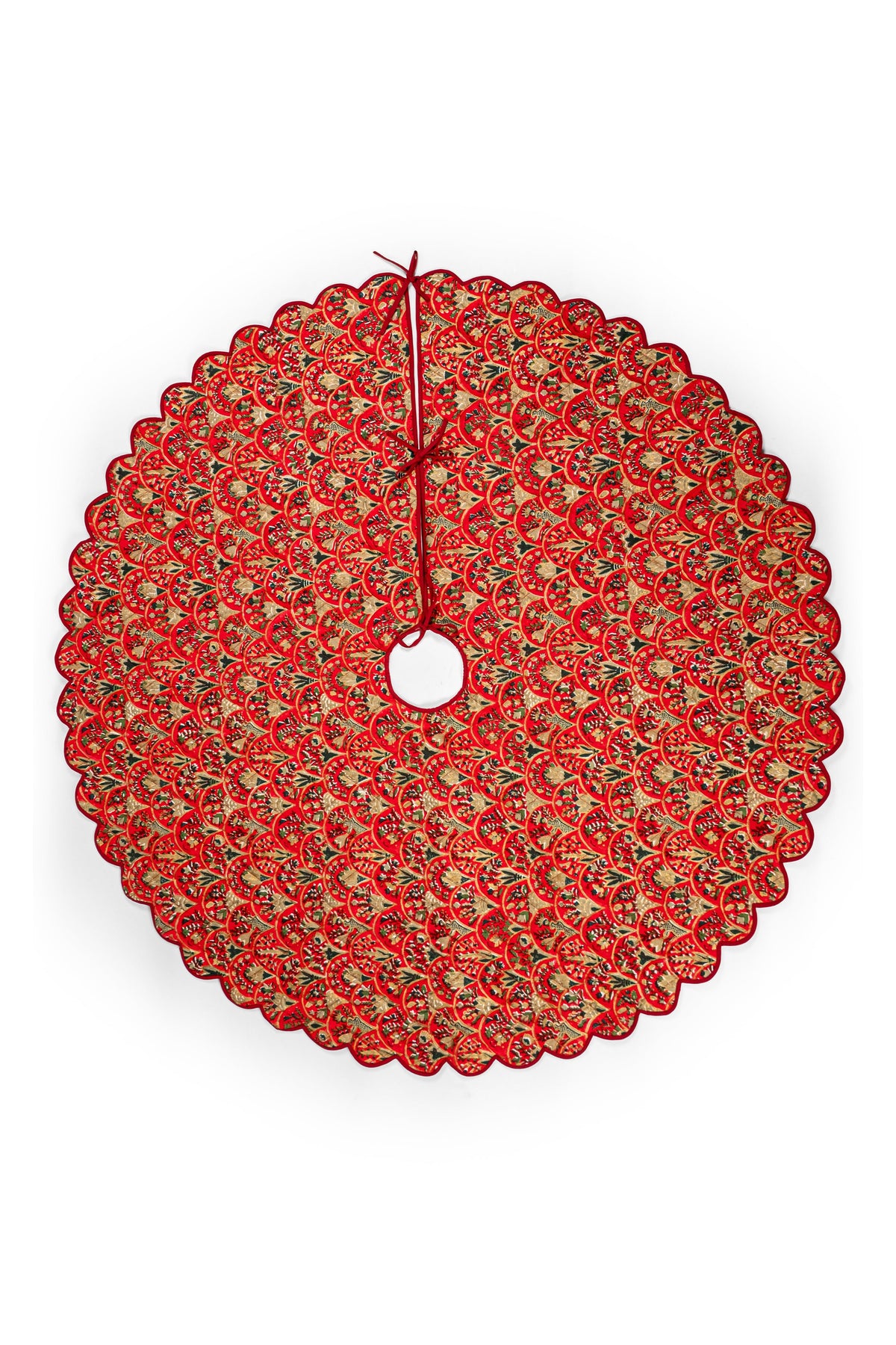 Red Holiday Arch scalloped quilted tree skirt laid flat with red and gold arch print