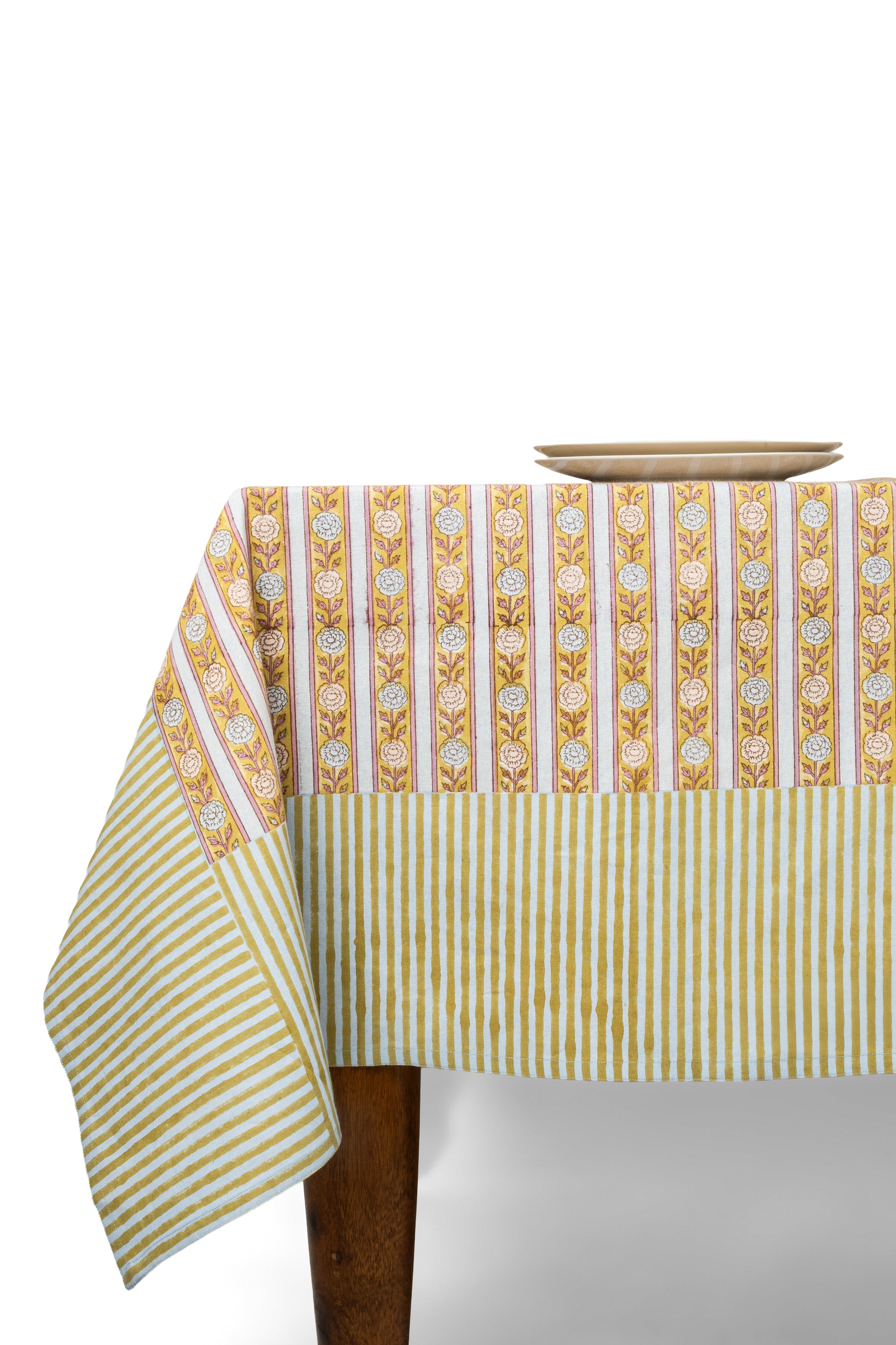 Vintage floral stripe blockprint green tablecloth
