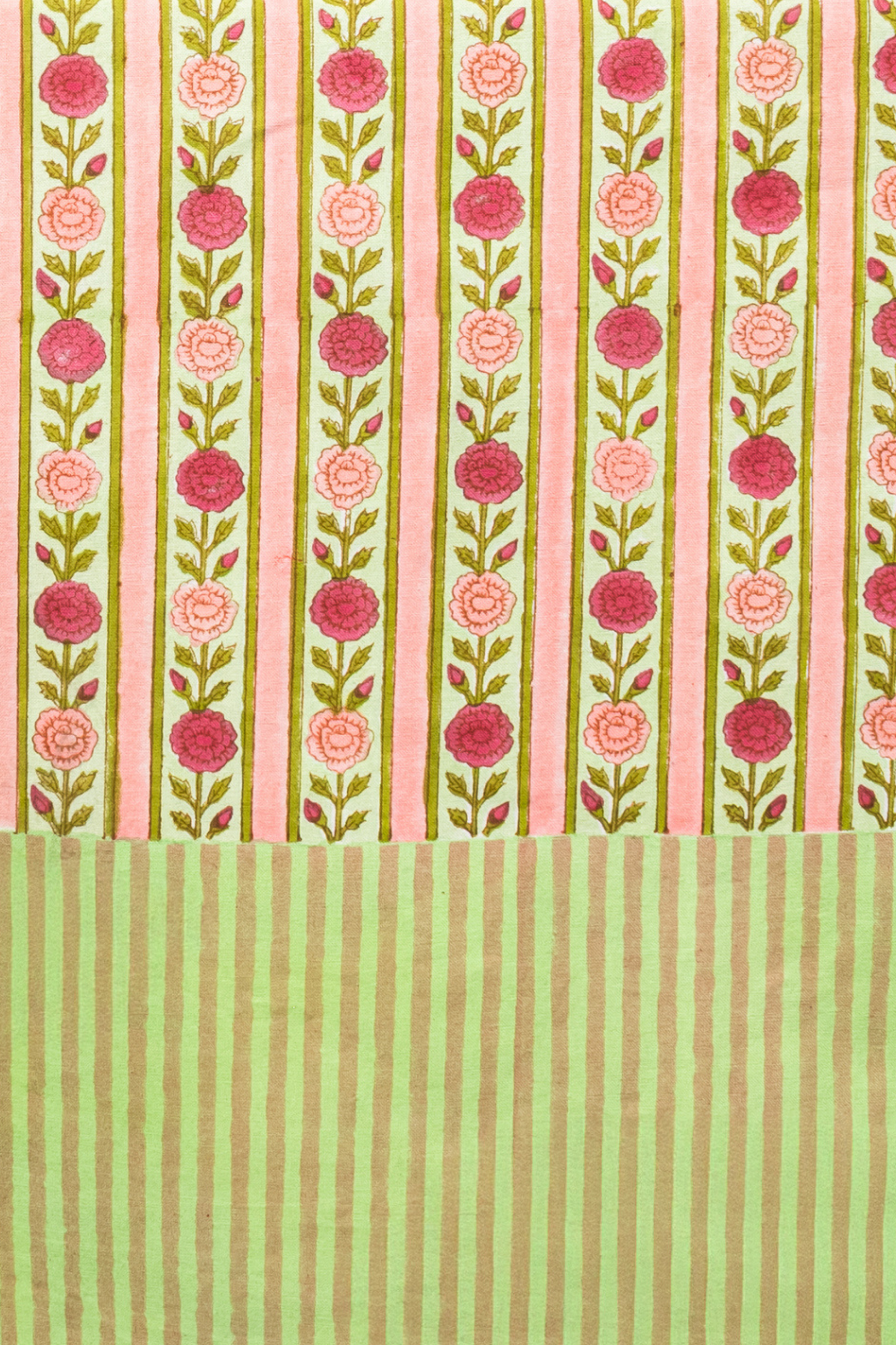 Vintage floral stripe blockprint pink tablecloth detail by Inner Child
