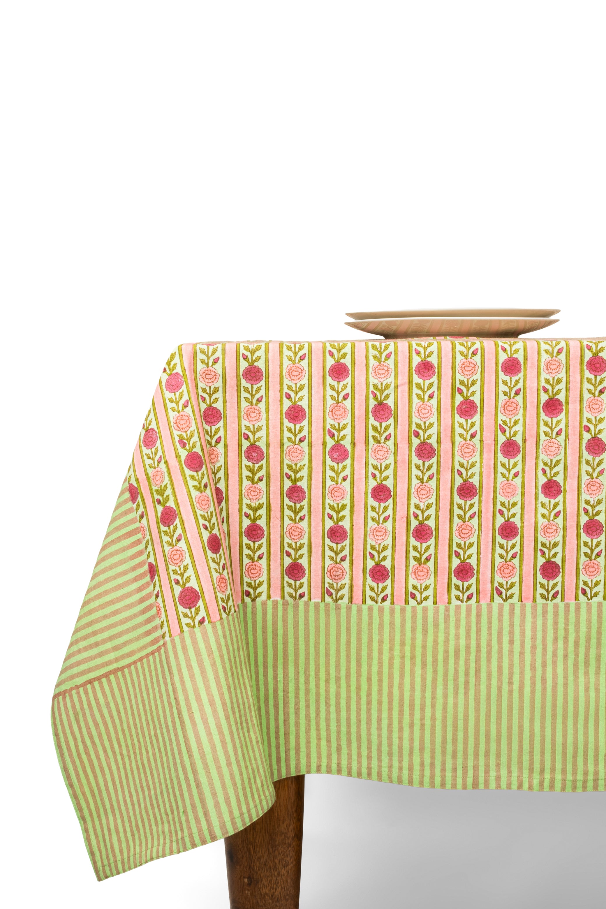 Vintage floral stripe blockprint pink tablecloth by Inner Child