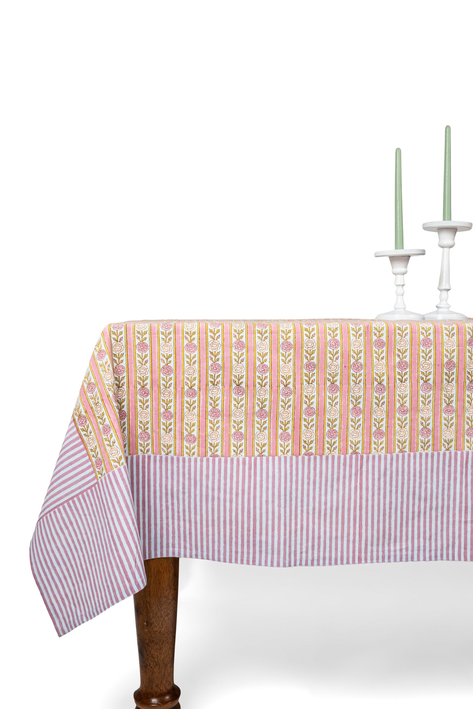 Purple vintage floral stripe blockprint tablecloth on wooden table