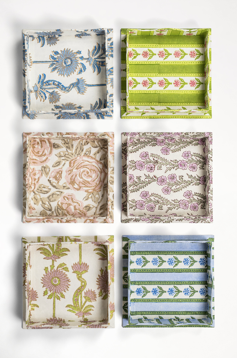 Inner Child nesting scalloped blockprint trays with diverse floral patterns