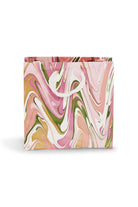 Small peony bloom hand marbled gift bag with pink, green swirling patterns