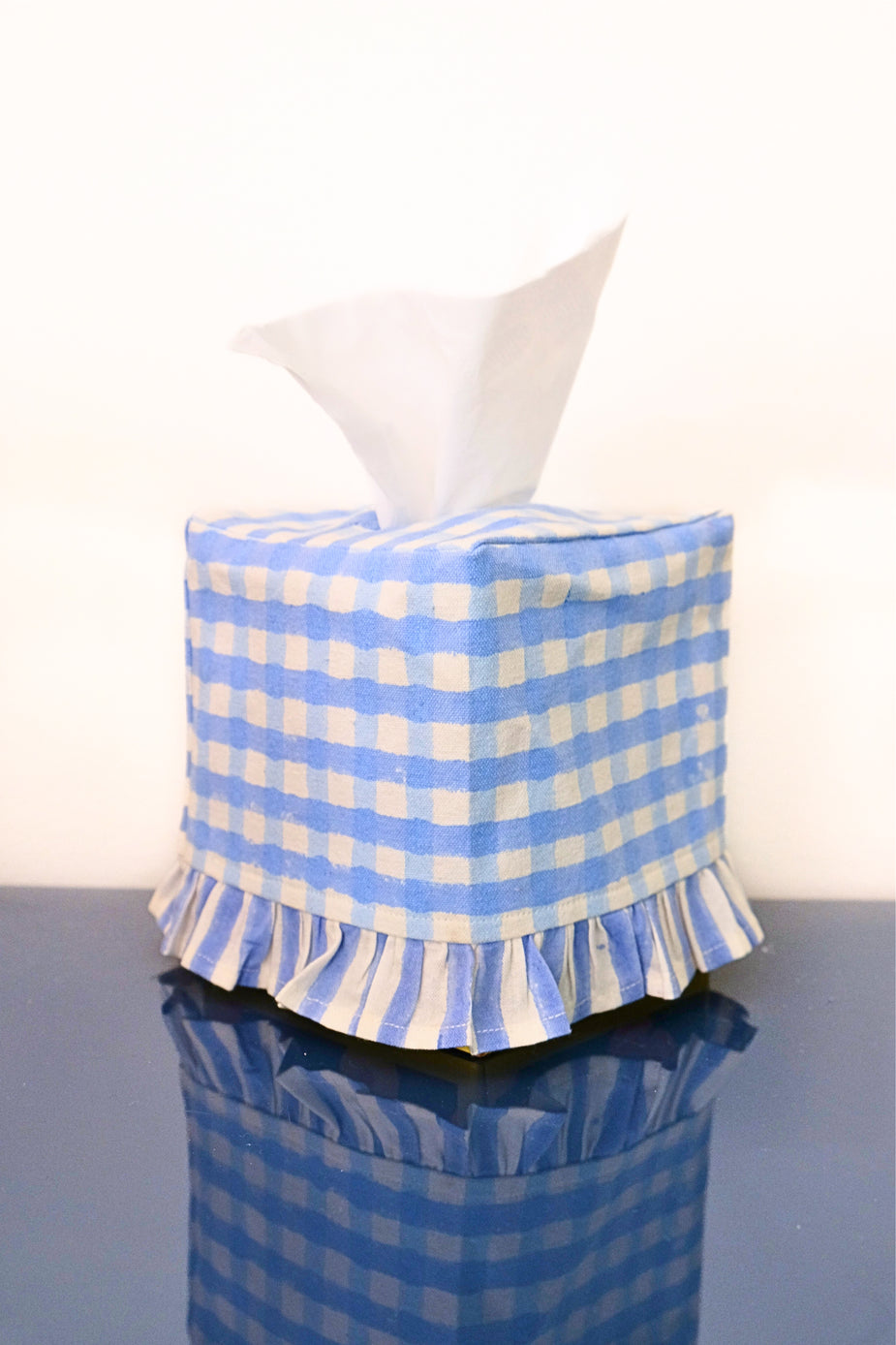 Ruffled Tissue Box Cover in Blue Gingham Blockprint – Inner Child