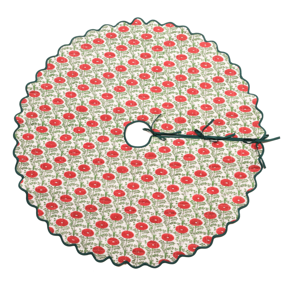 Scalloped Blockprint Quilted Tree Skirt in Araminta Green