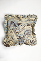 Kyoto hand-marbled ruffled square pillow 20x20 with blue, brown, beige swirls