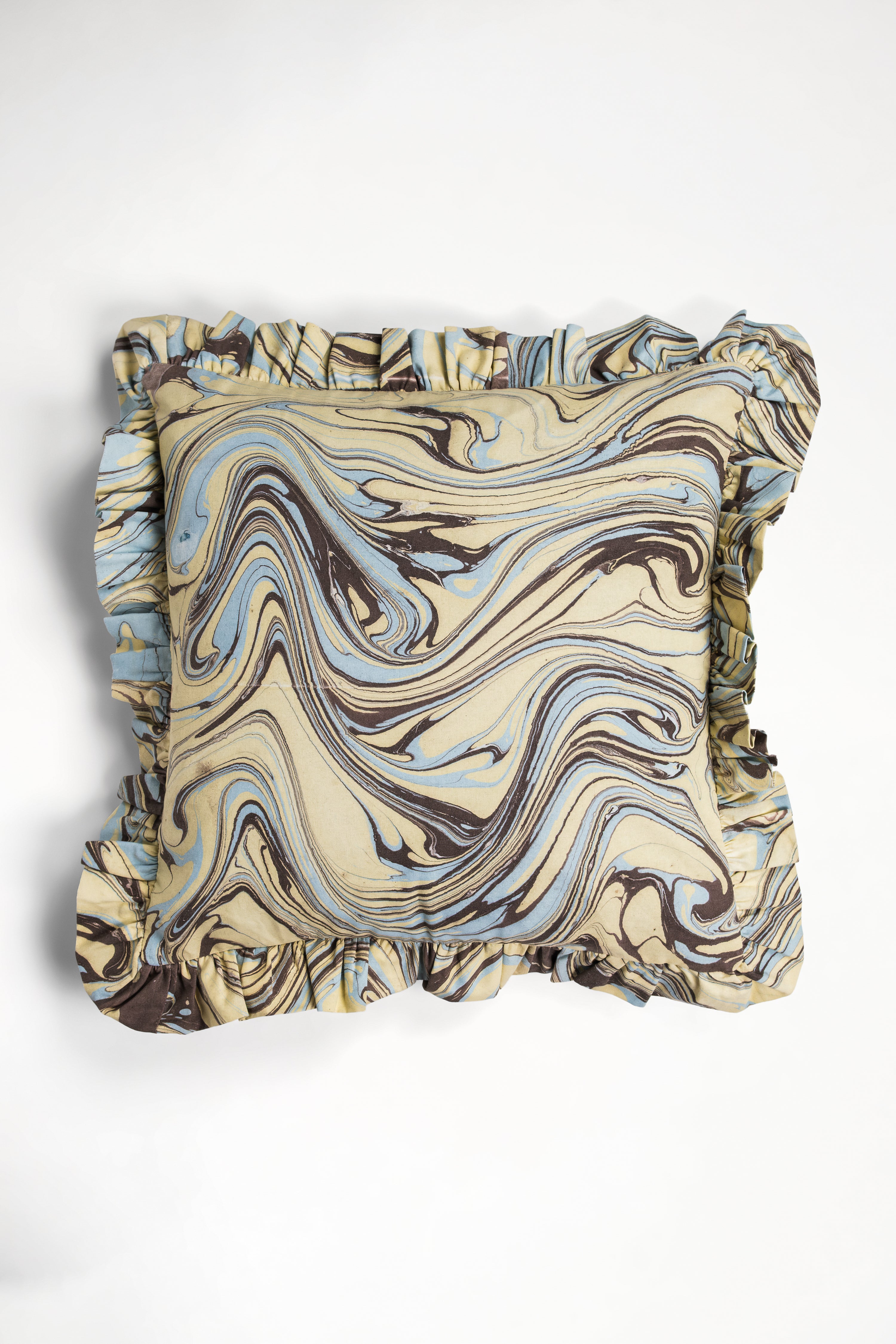 Kyoto hand-marbled ruffled square pillow 20x20 with blue, brown, beige swirls