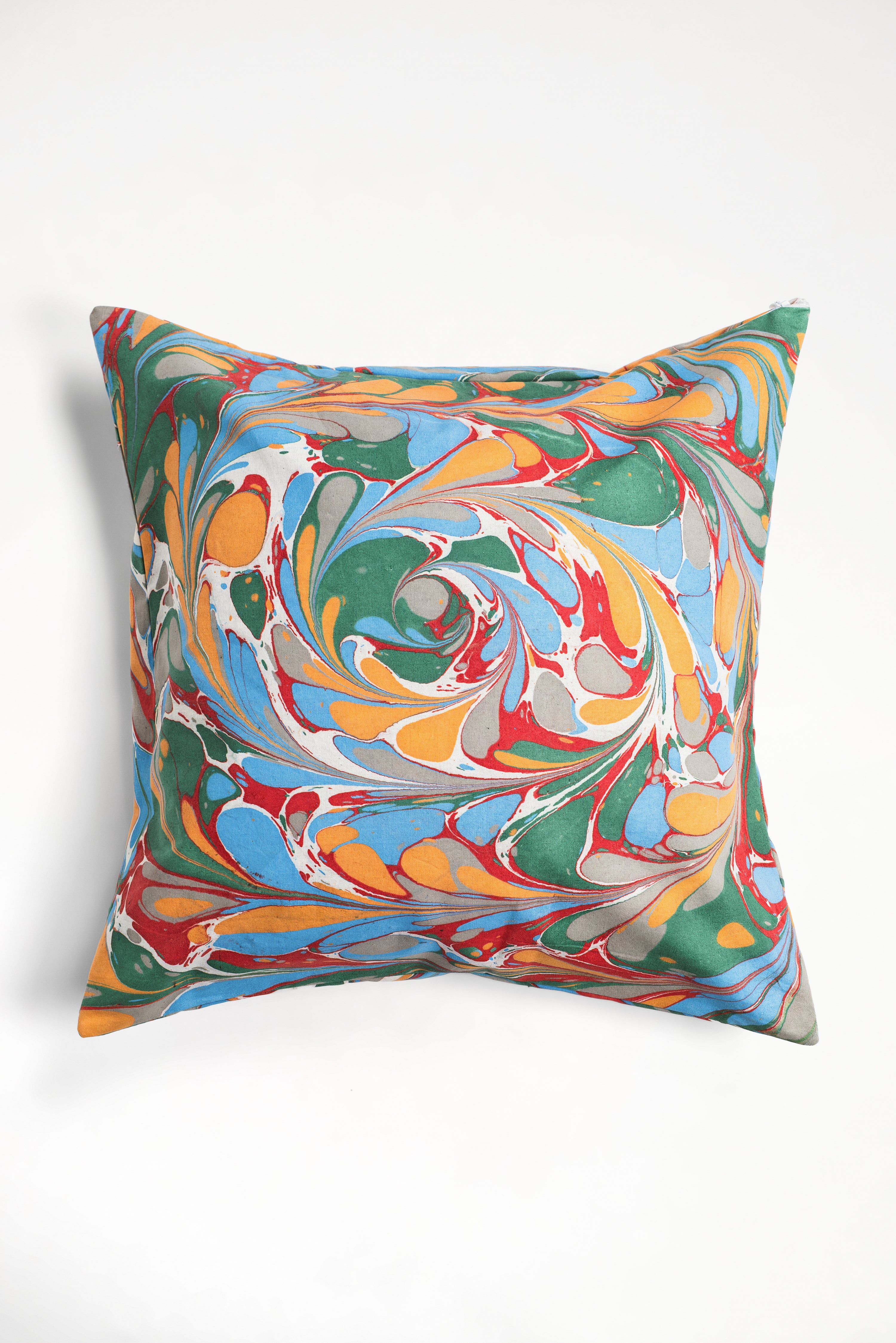 Hand marbled square pillow with vibrant multicolor swirls from Inner Child