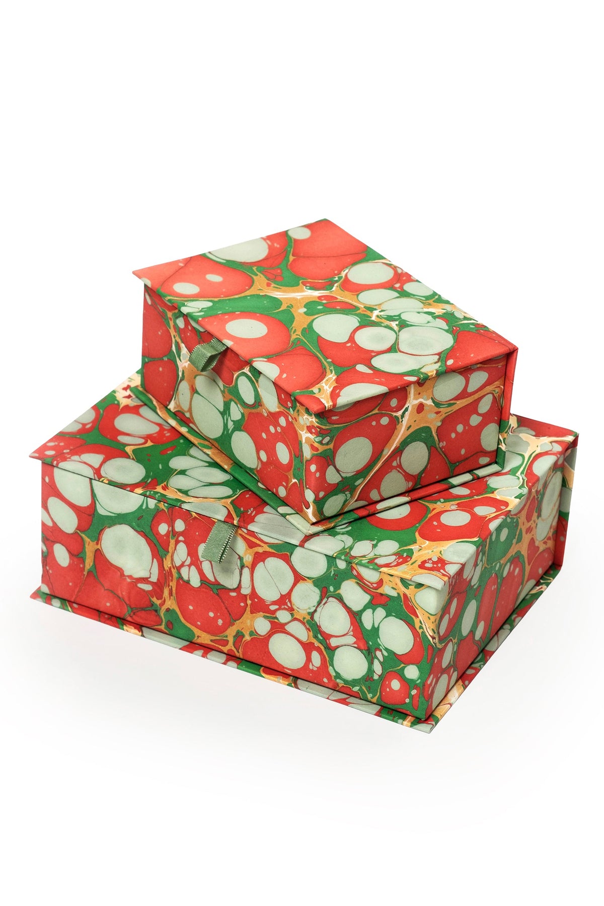 Hand-marbled keepsake box set in Christmas gems pattern with red, green, and white swirls, stacked in varying sizes.