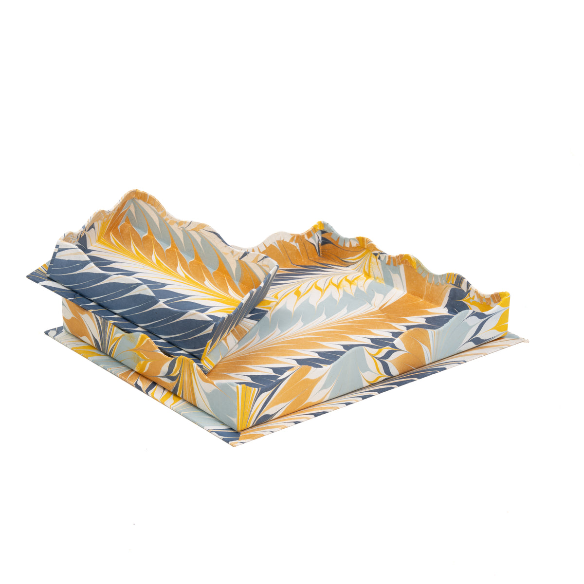 Nesting Scalloped Hand-Marbled Trays in Golden Blue – Inner Child