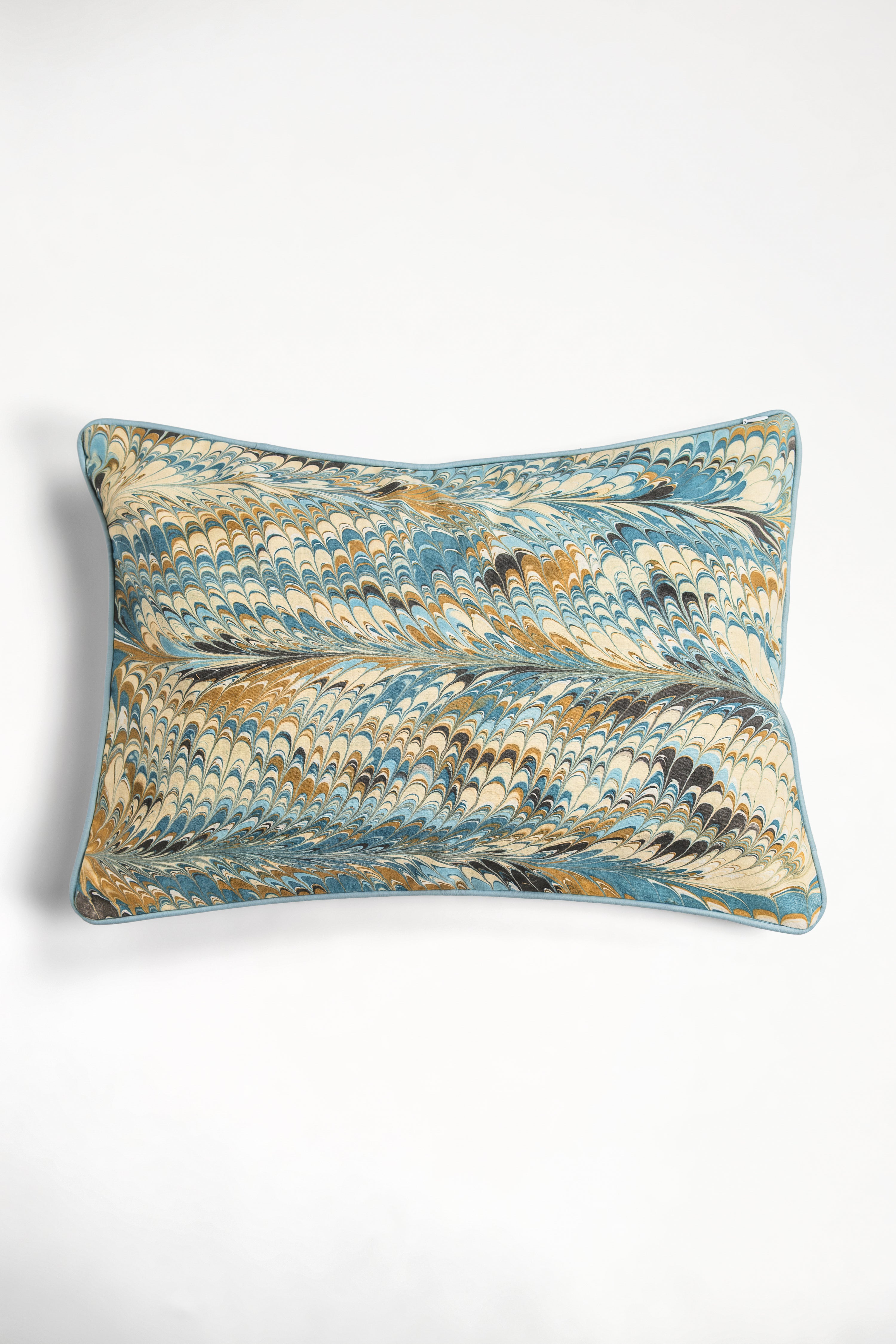 Nila Feathers hand-marbled pillow, 14x20, blue/gold/cream feather design, Inner Child