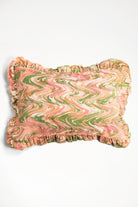 Peony Bloom ruffled hand-marbled pillow with pink, green, orange patterns