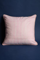 Pink striped blockprint pillow with red trim, New York design studio