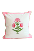 Pink poppy blockprint pillow with green leaves, pink edges - Inner Child design
