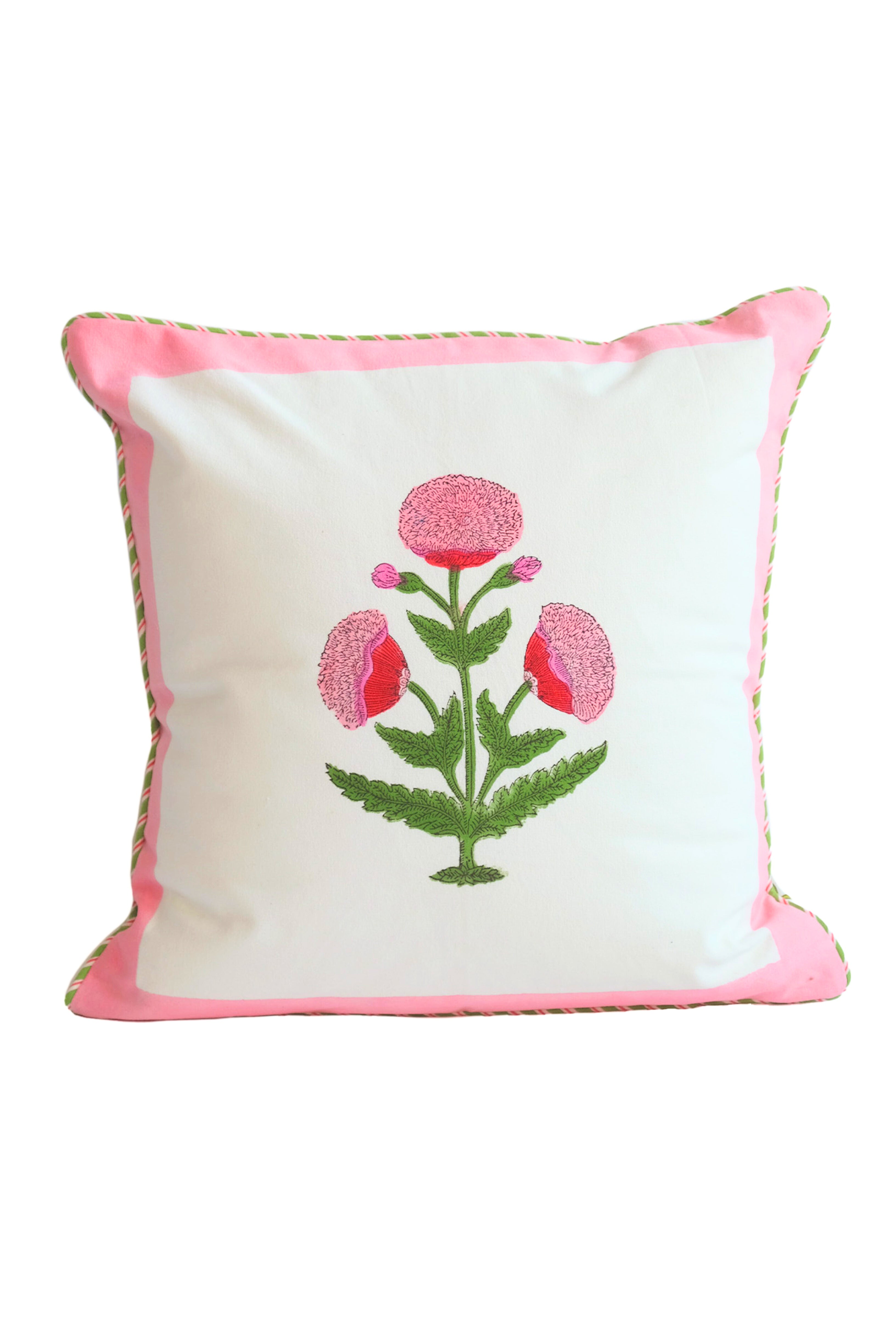 Pink poppy blockprint pillow with green leaves, pink edges - Inner Child design