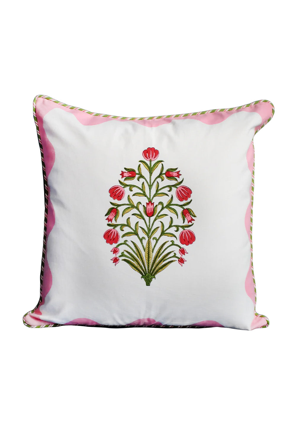 Pink scallop flora decorative pillow with floral blockprint design