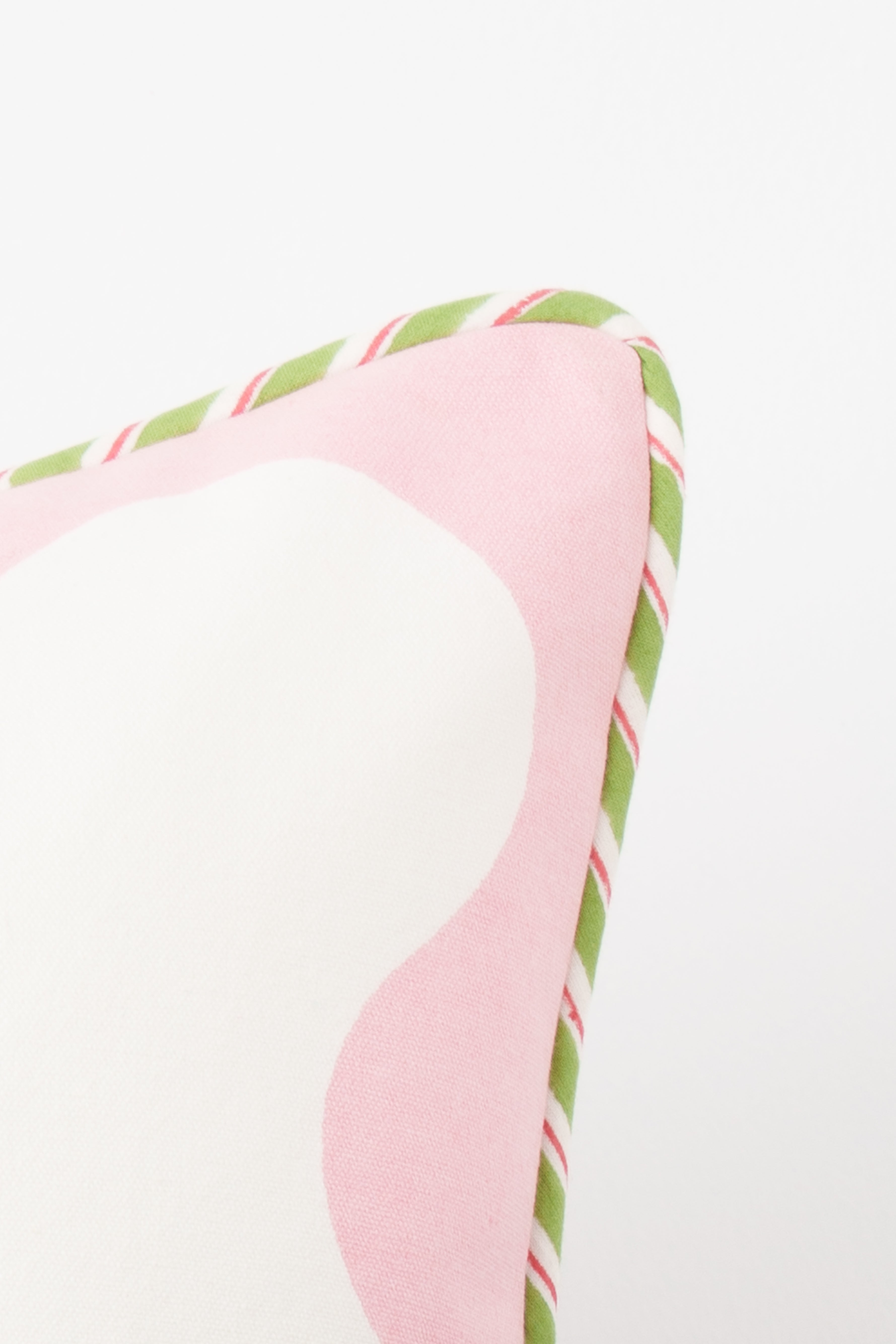 Pink scallop edge blockprint flora decorative pillow with green stripe trim - Inner Child