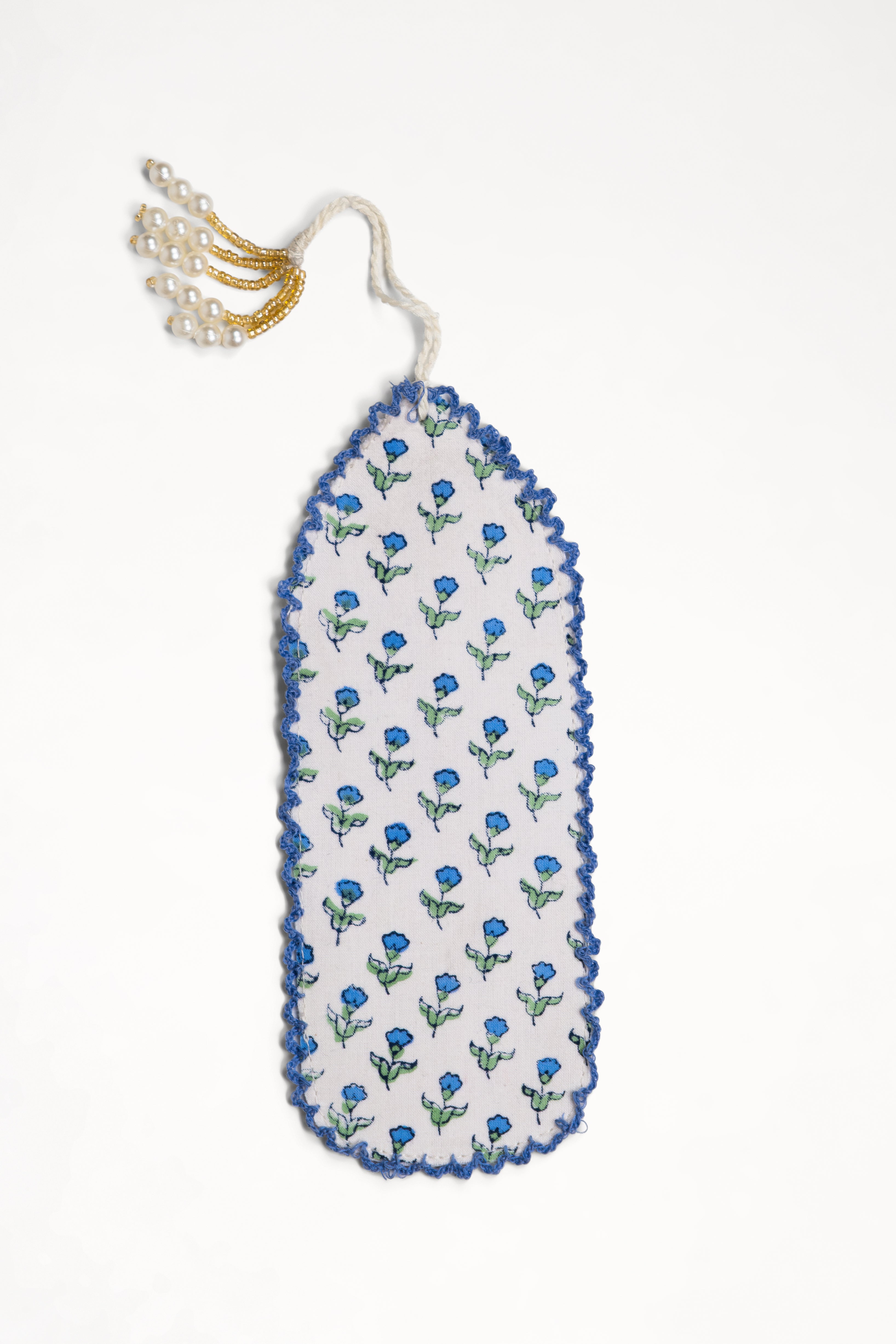 Blue Primrose blockprint bookmark with floral design and beaded tassel