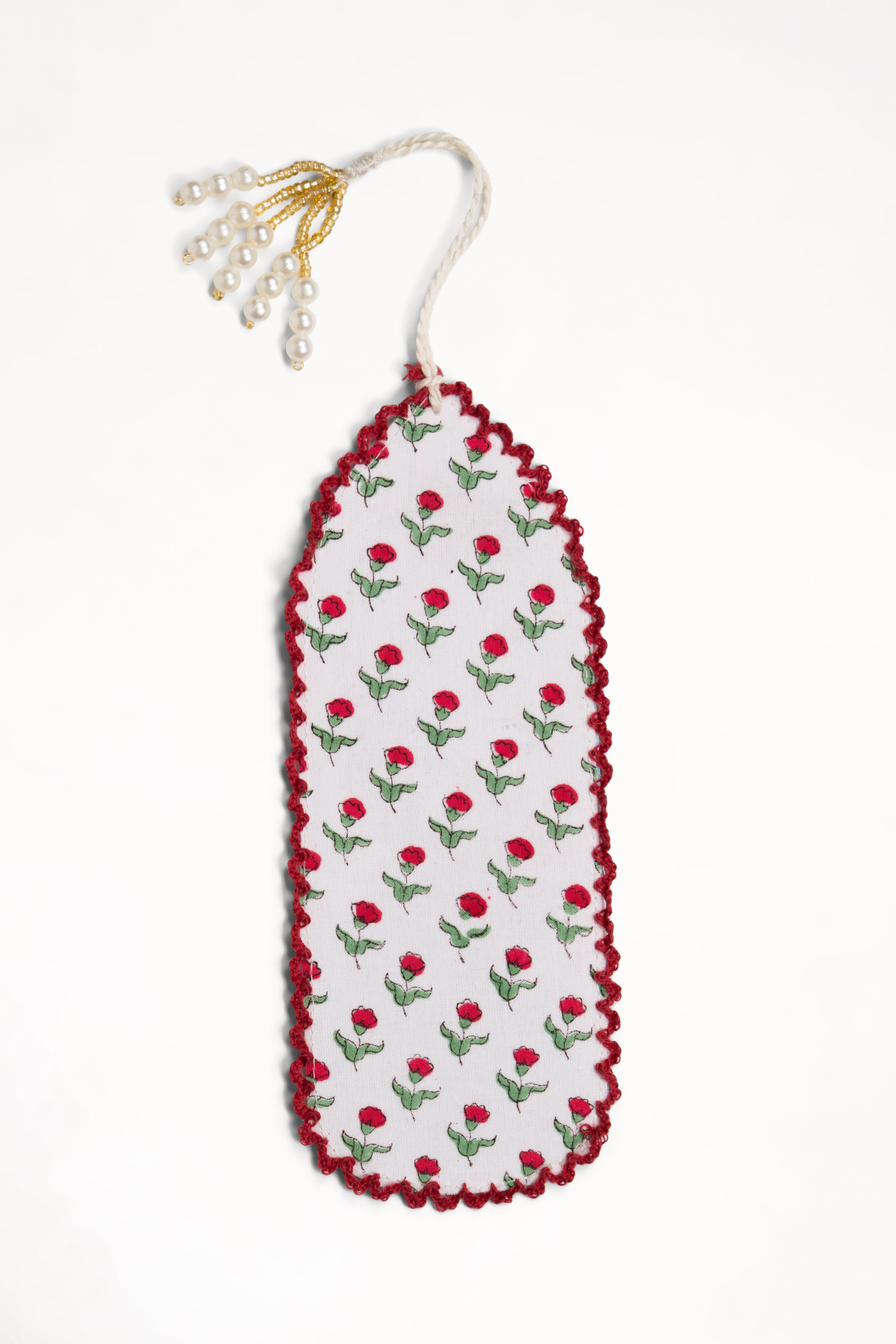 Red primrose blockprint bookmark with red lace edge
