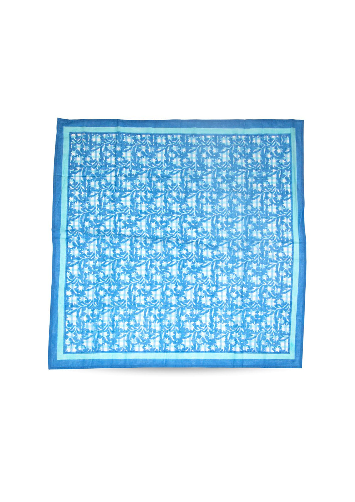 Blue organic cotton blockprint scarf with floral patterns and double borders, Inner Child