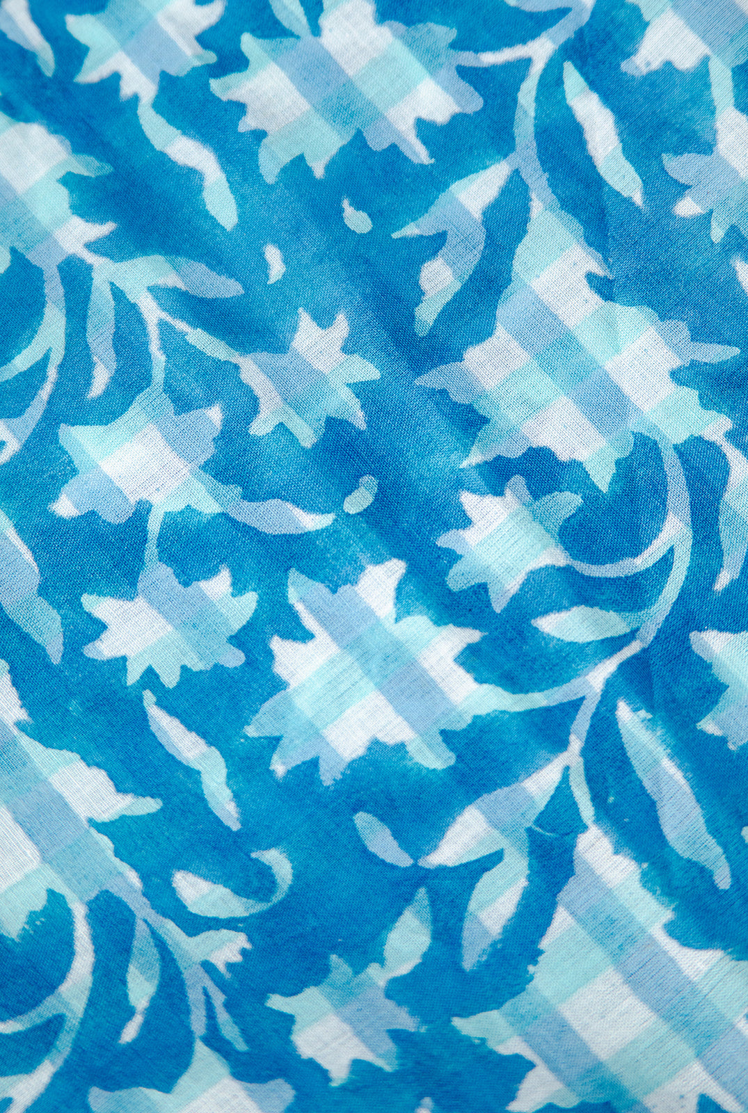 Close-up of blue organic cotton blockprint fabric showing detailed floral patterns, Inner Child