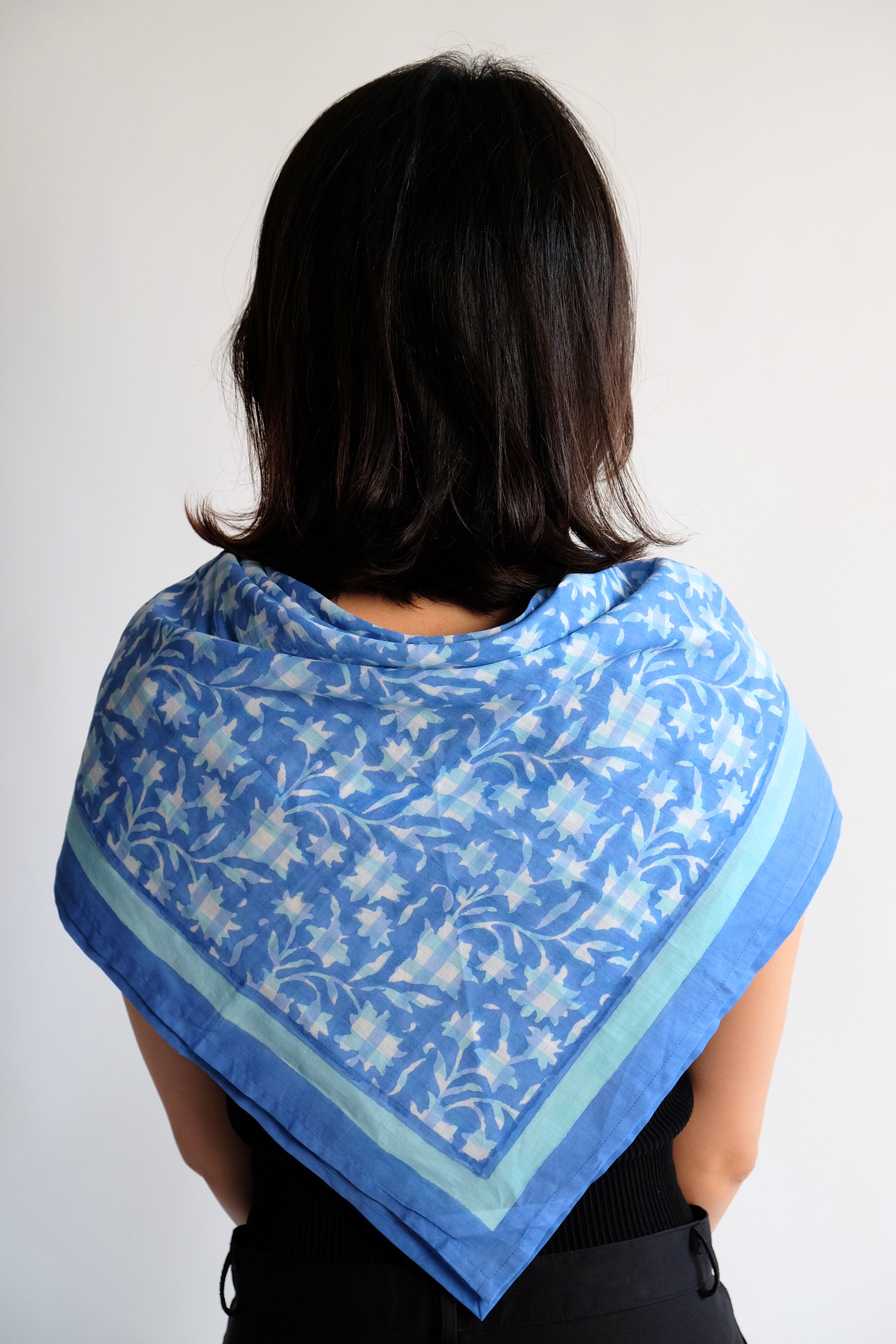 Sana Organic Cotton Blockprint Scarf - blue floral pattern on cotton fabric