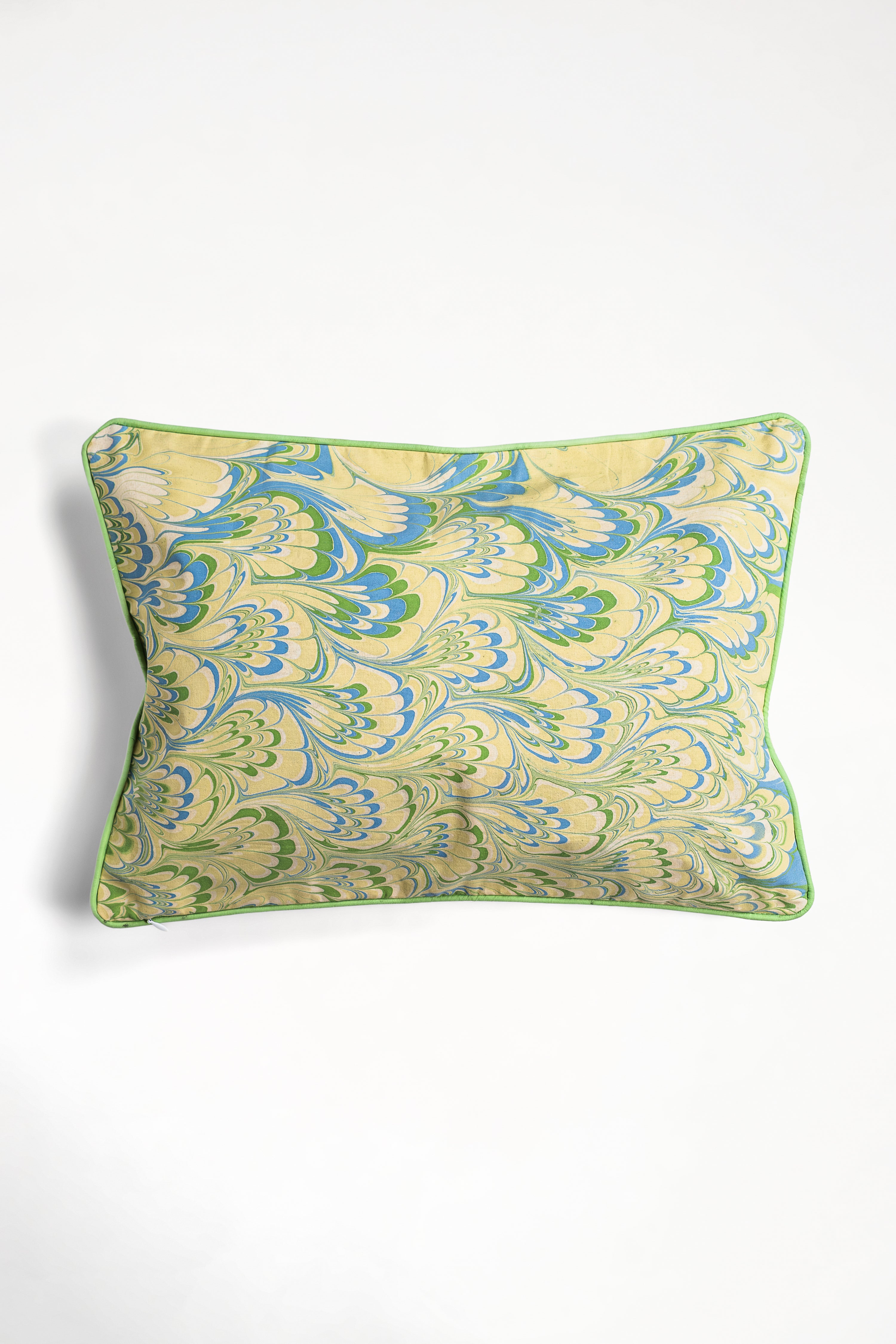 Green-trimmed hand-marbled rectangular decorative pillow - Inner Child