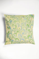 Hand-marbled square decorative pillow with blue-green-yellow swirls - Inner Child
