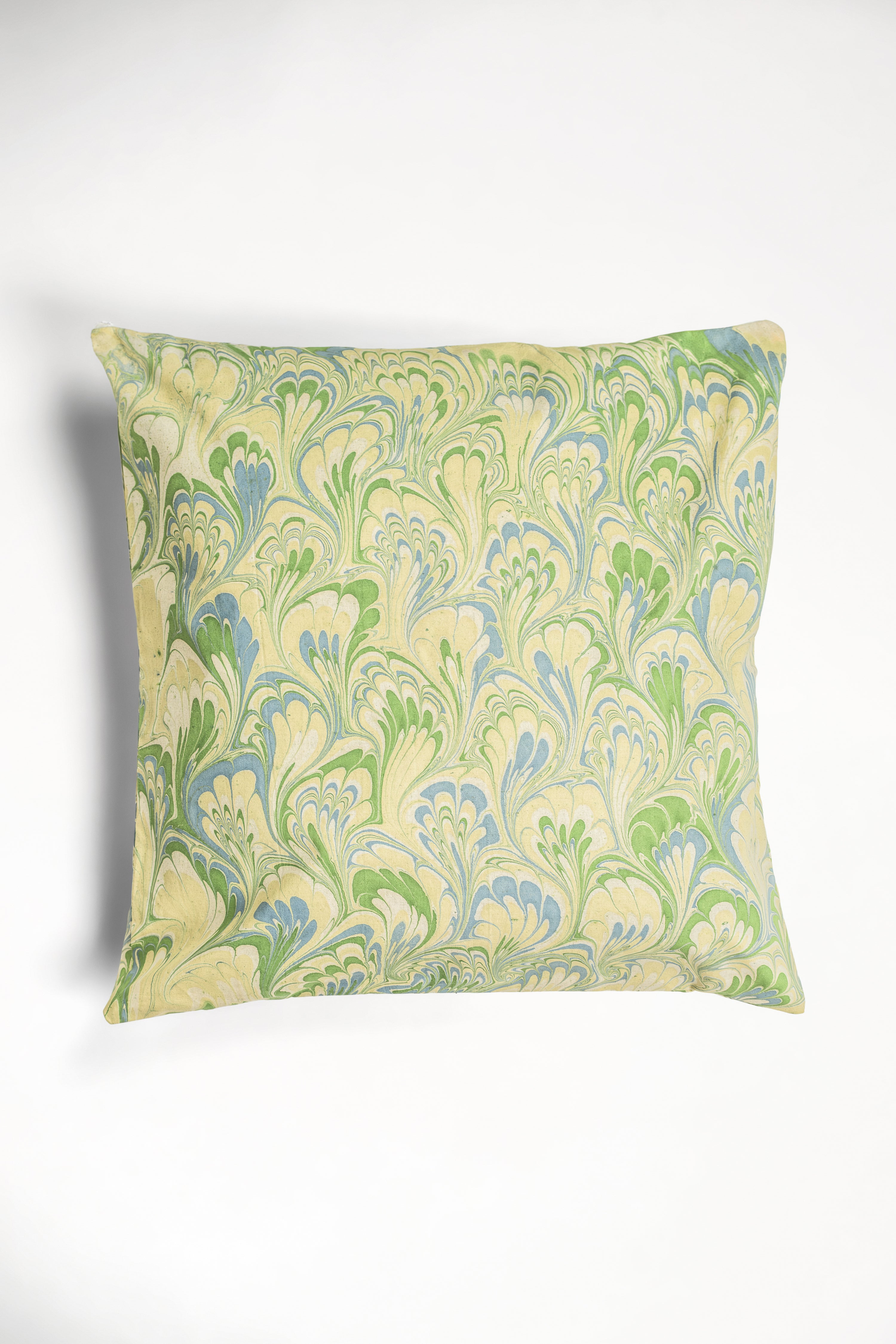Hand-marbled square decorative pillow with blue-green-yellow swirls - Inner Child