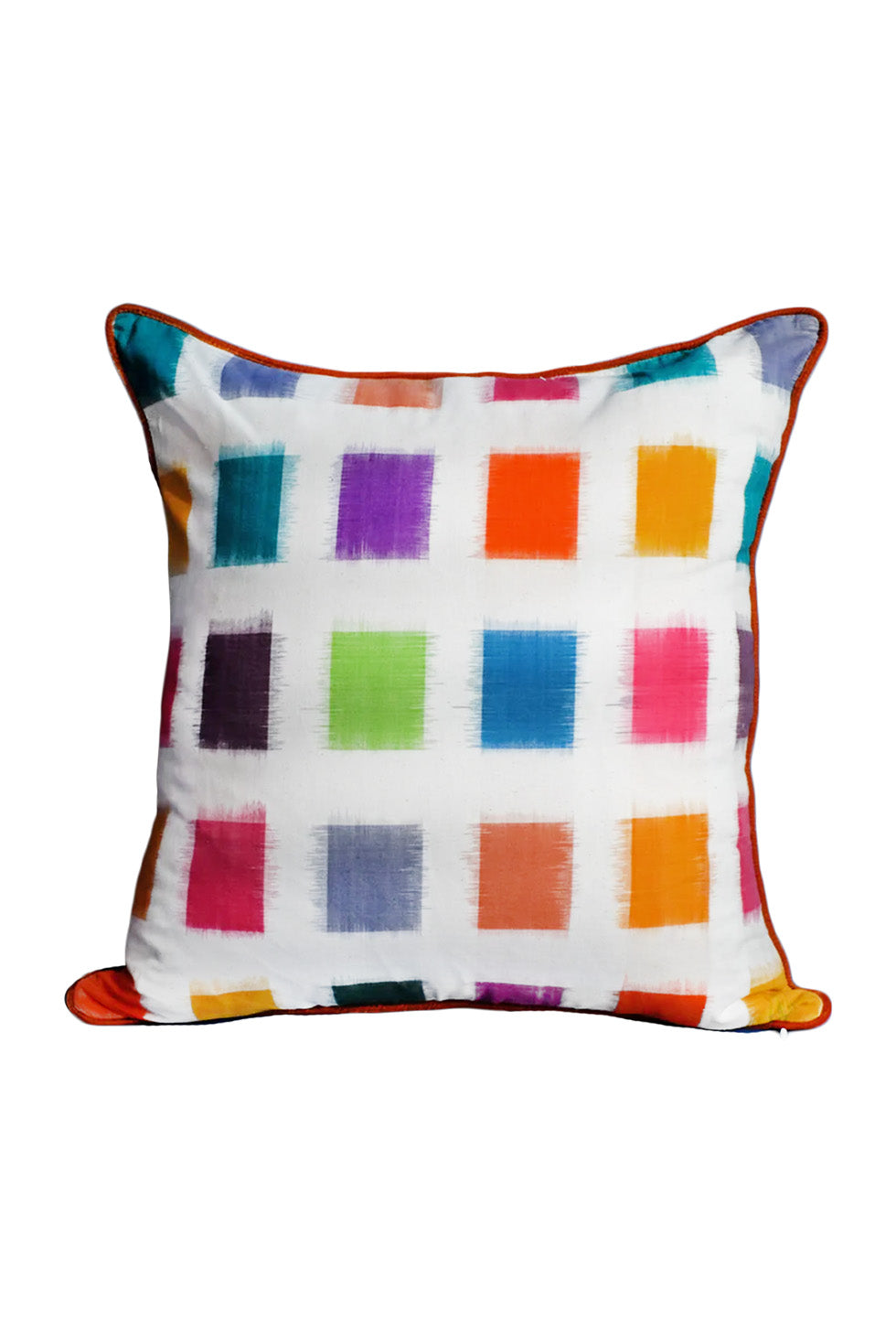 Colorful ikat pillow with brown trim - white base and vibrant squares